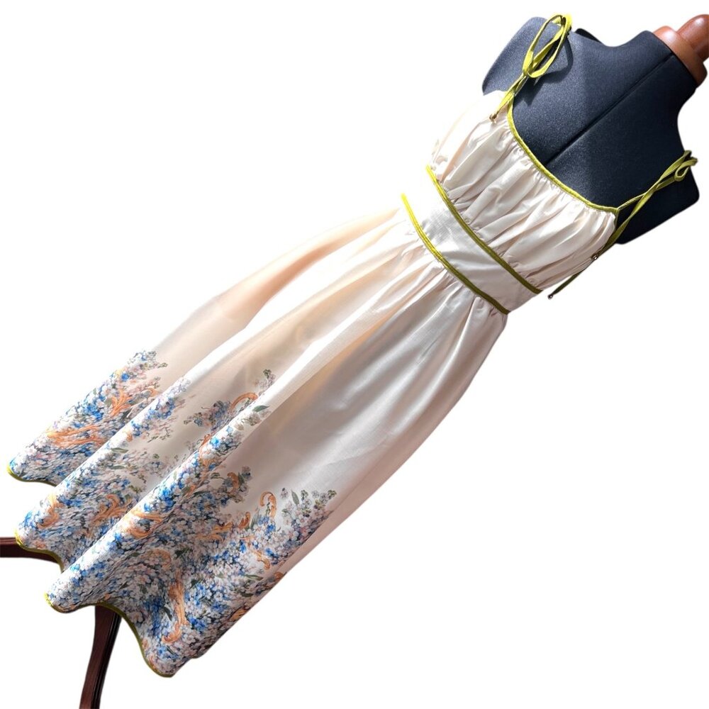 Entro Cream & Green Midi Dress With Floral Hemline & Adjustable Tie Straps SzM
